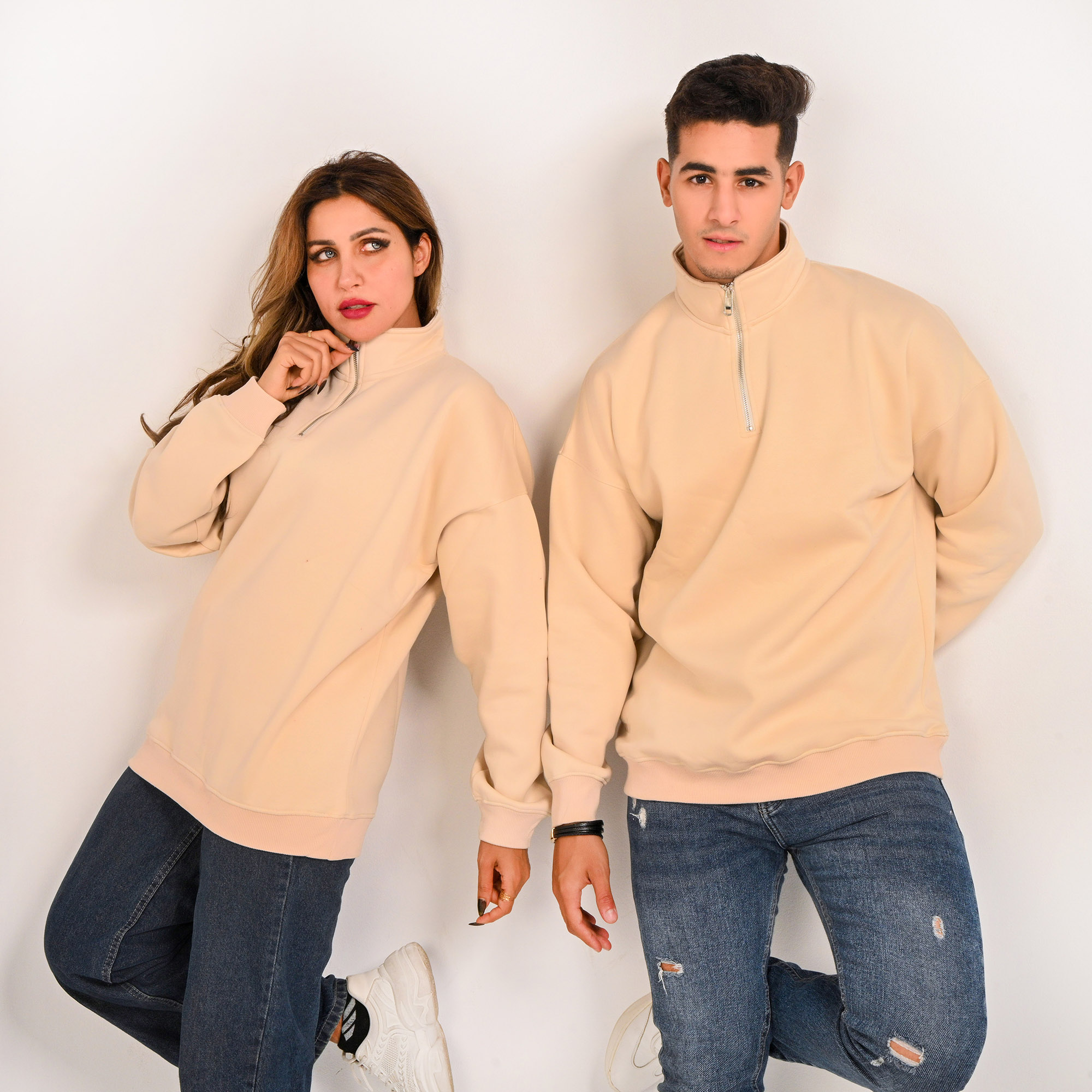 Unisex Cream Beige Quarter-Zip