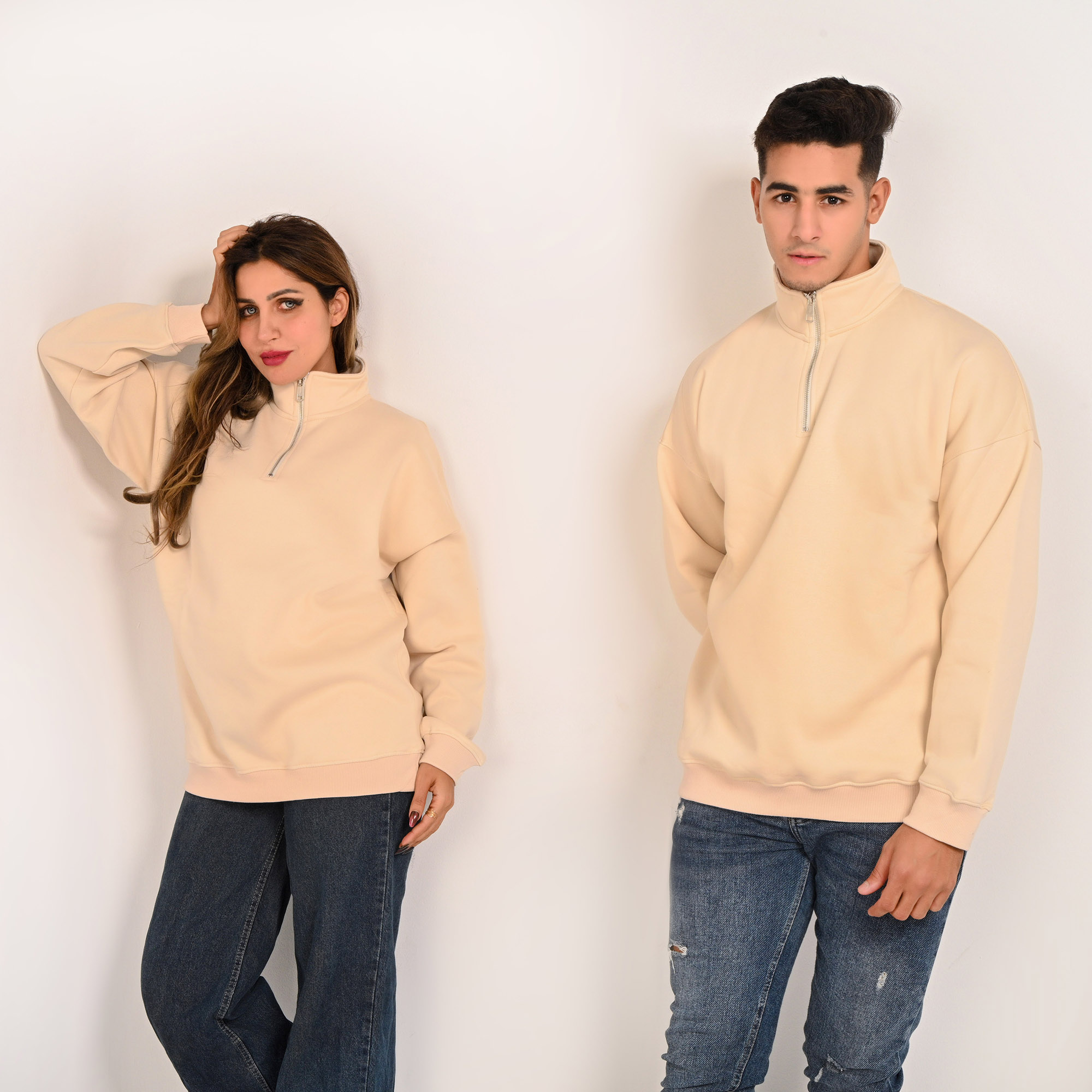 Unisex Cream Beige Quarter-Zip