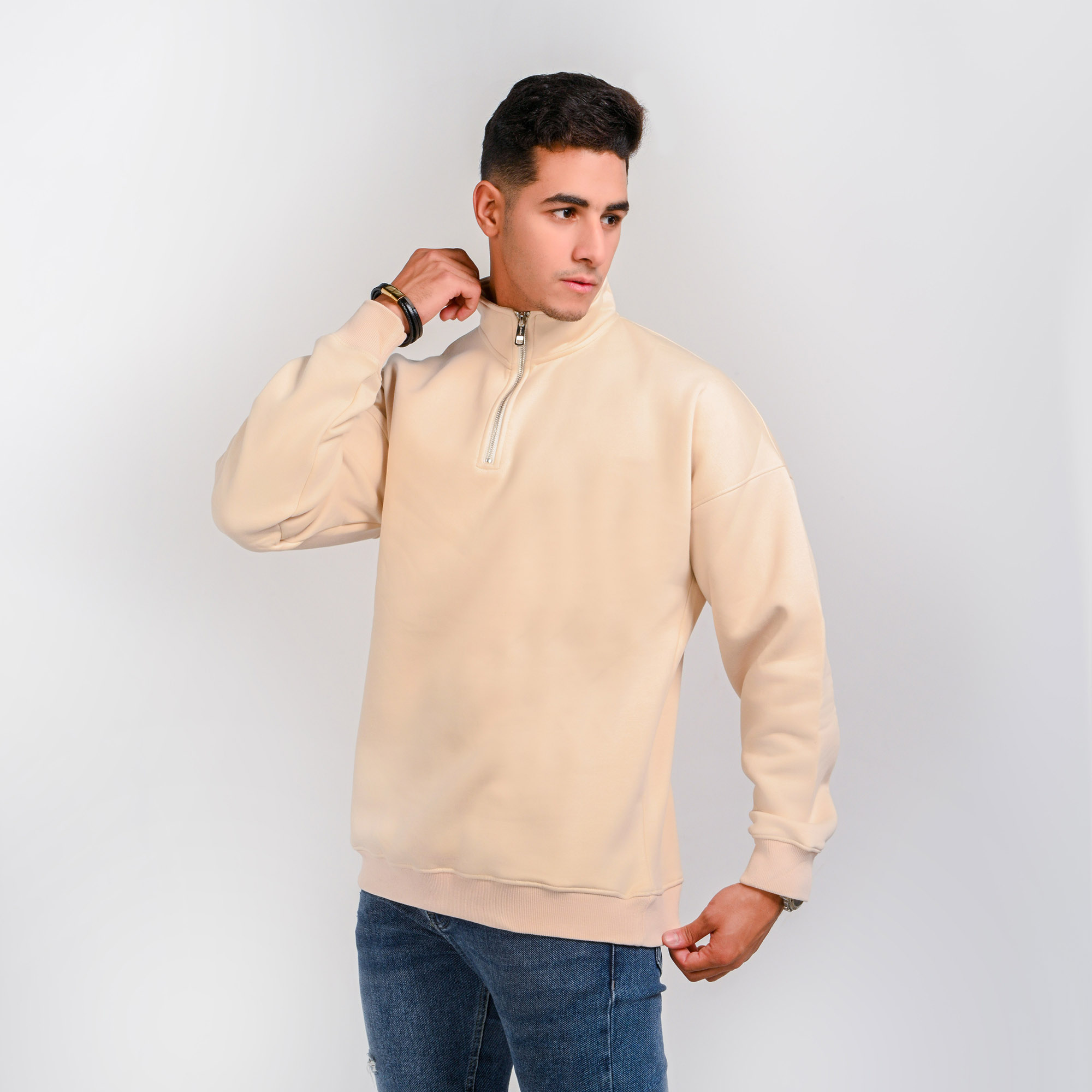 Unisex Cream Beige Quarter-Zip
